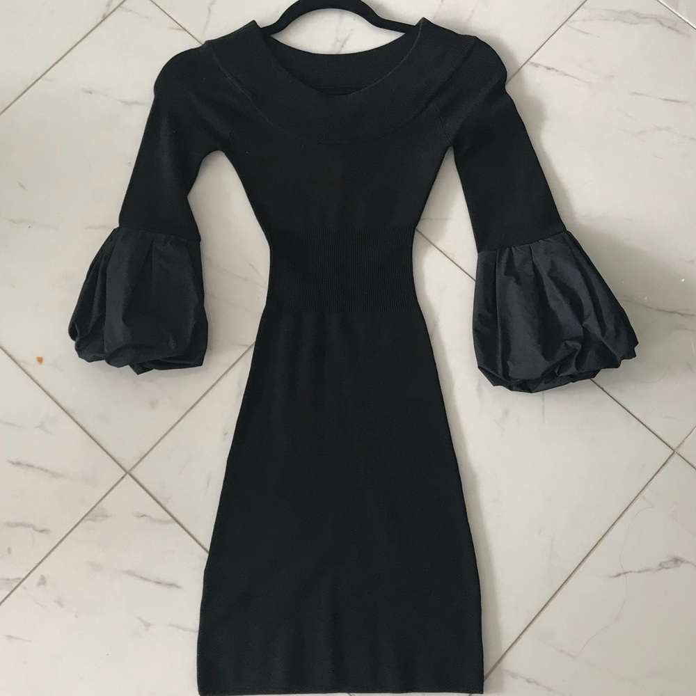 BCBG black mini dress w/ nylon bubble bell sleeves